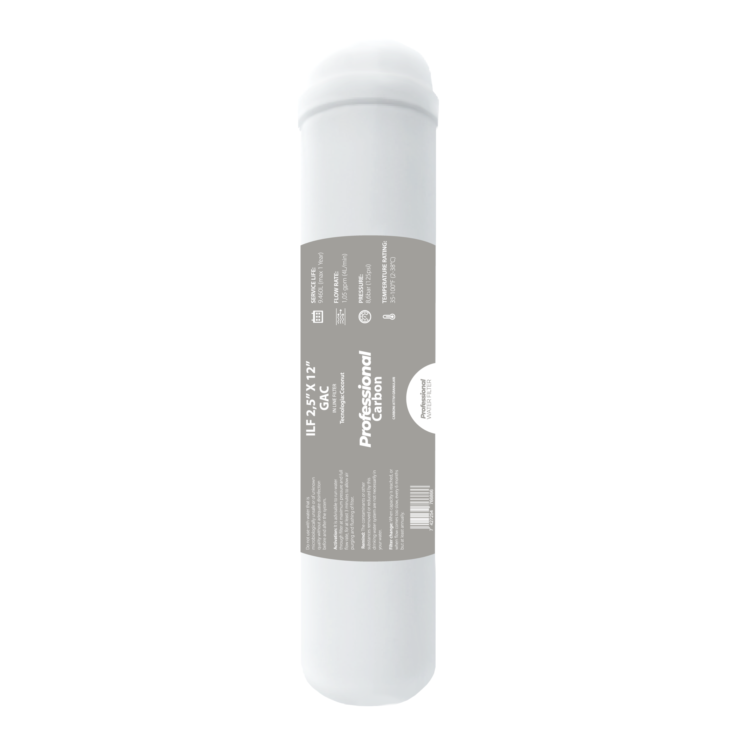330991-PR Professional Gac Filtro in linea a Carboni attivi Argentizzato (GAC) 1/4” FPT 2,5”x12” - immagine 1