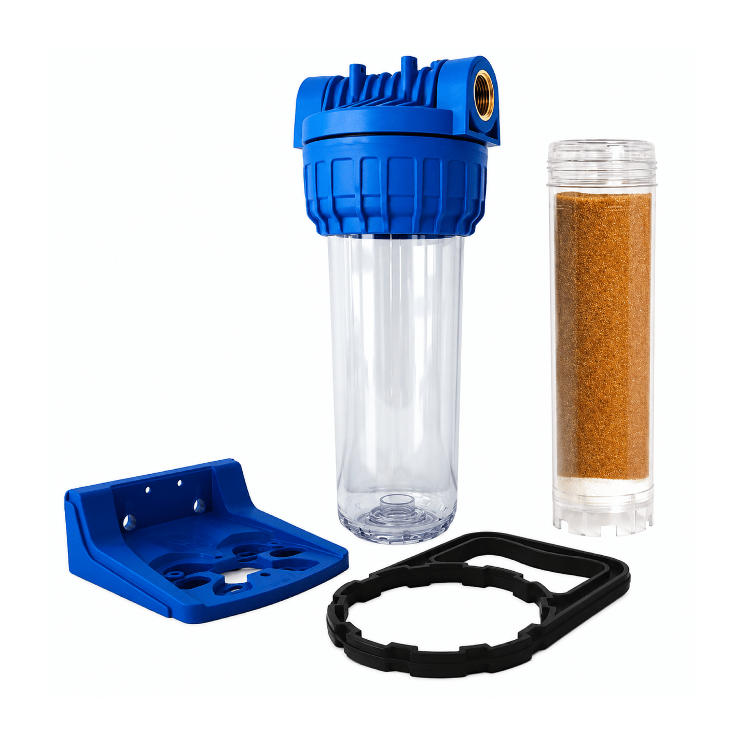 vessel1 Kit filtrazione Completo 3 pezzi 10" IN-OUT 1/4“ Innesto Rapido trasparente con Resina Cationica - immagine 1