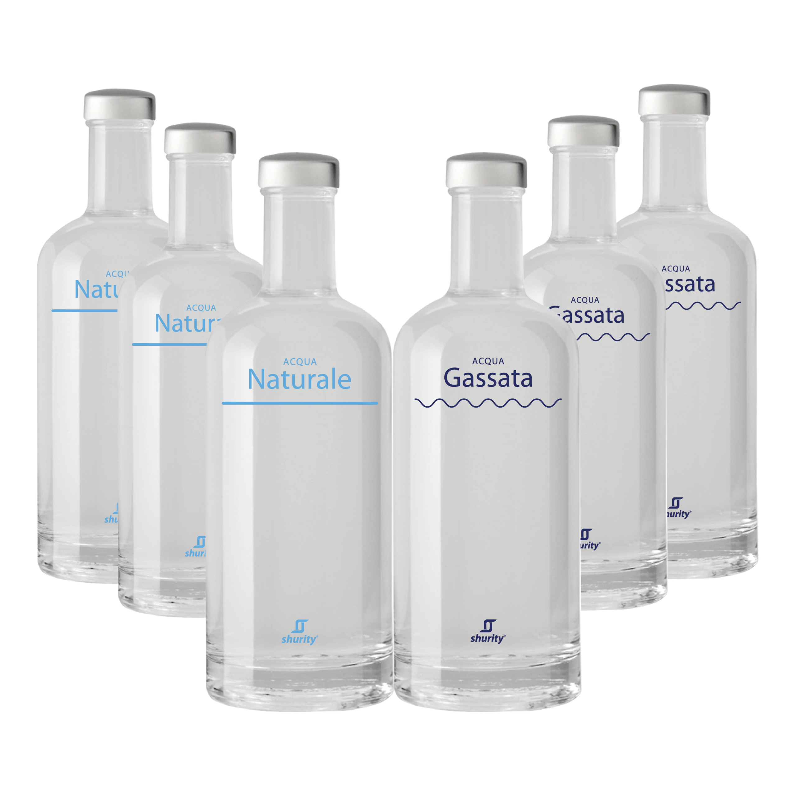 331436 Pack Misto 6pz. - Bottiglia Shurity Basic 75cl. Personalizzata Trasparente Acqua Liscia / Acqua Gassata con Tappo Argento - immagine 1