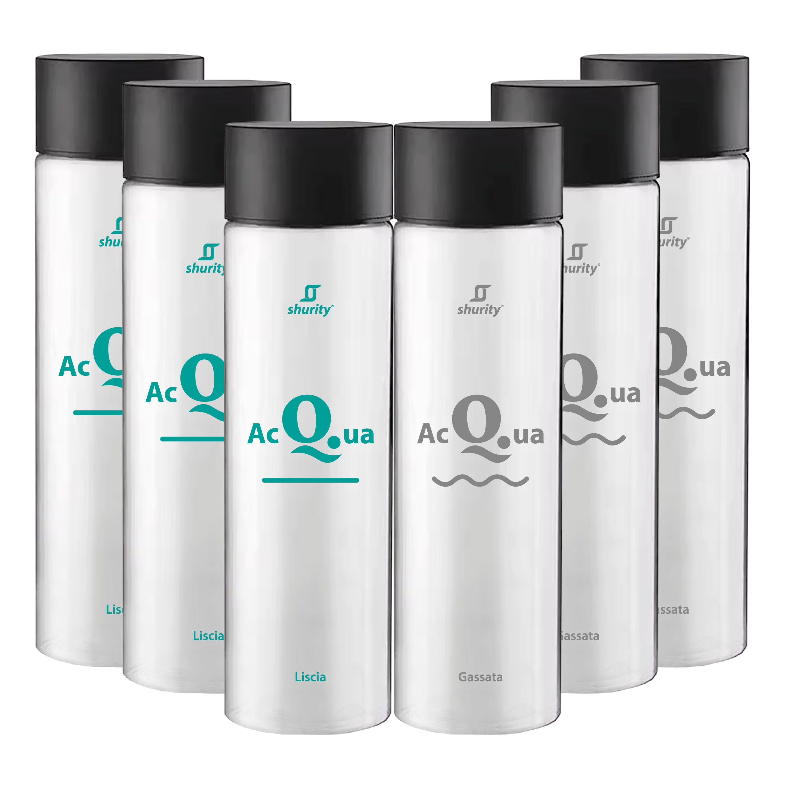 331601 Pack Misto 6pz. - Bottiglia Shurity Cilinder 50cl. Personalizzata Trasparente Acqua Liscia / Acqua Gassata con Tappo Nero - immagine 1